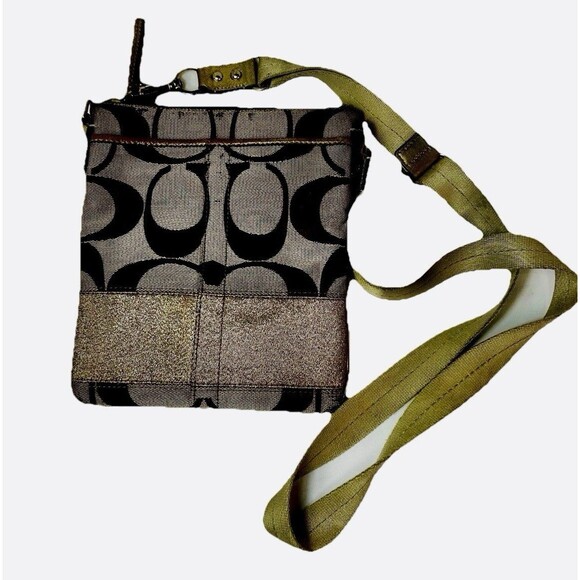 Coach Tan Brown Signature Canvas Champagne Gold Stripe Small Crossbody Bag - Picture 1 of 13